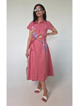 Galocher Clothing - Coral Pink- Thread Embroidered Maxi Dress with Belt with Belt