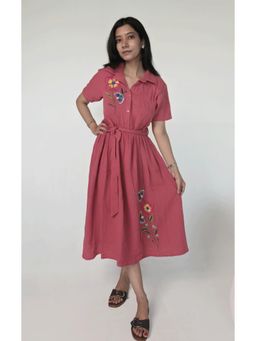 Galocher Clothing - Coral Pink- Gauze Thread Embroidered Maxi Dress with Belt with Belt