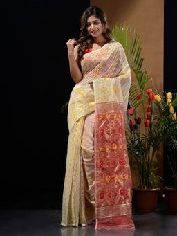 CHARUKRITI - Off White & Red Handwoven Saree with Zari Woven Designs & Patterns with Unstitched
