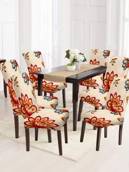 Cortina - Non-Slip Dining Chair Cover Set of 6 Floral Printed - Beige & Red