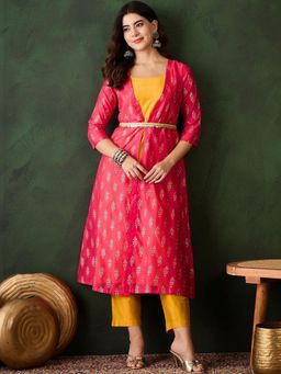Gahan - Printed A-Line Round Neck Kurta Shrug and Pant with Belt