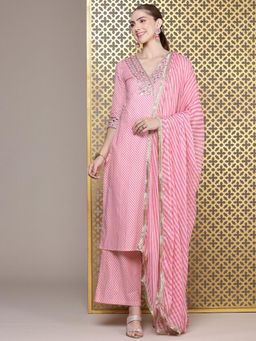 Gahan - Women Striped Mirror Work Pure Cotton Jashn Kurta With Palazzo & Dupatta