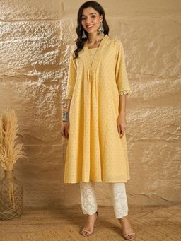 Gahan - Floral Embroidered Square Neck Thread Work Schiffli A-Line Cotton Kurta