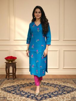 Gahan - Embroidered Pure Cotton V-Neck Straight Kurta