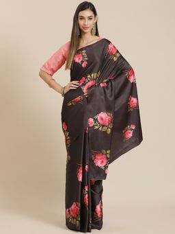 Readiprint - Satin Silk Fabric Black Color Floral Printed Saree with Unstitched Blouse