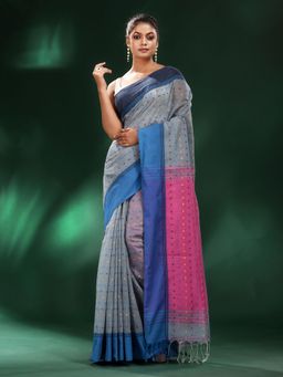 CHARUKRITI - Grey Handspun Cotton Handwoven Saree with Unstitched Blouse