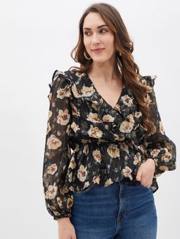 Kibo - Womens Black Floral Print Long Sleeve Ruffle Top