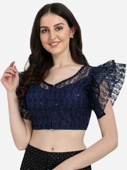 Amrutam Fab - Women's Embroidered & Sequences Work Navy Blue Net Round Neck Blouse