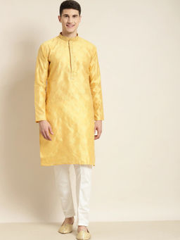SOJANYA - Men Jacquard Silk Yellow Self Design Kurta with Off White Churidar Pyjama (Set of 2)