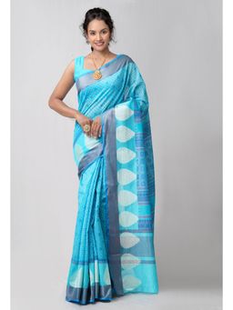 Unnati Silks - Blue Block Printed Sico Saree with Unstitched Blouse