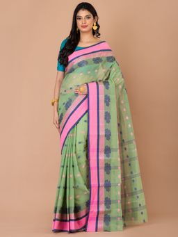 LAA CALCUTTA - Pista Green and Multi Pure Cotton Tant Saree