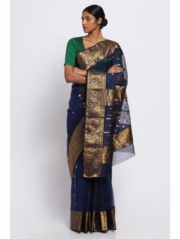 Via East - Midnight Blue Silk Chanderi Uma Saree with Unstitched Blouse
