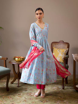 W - Blue Floral Anarkali Kurta With Slim Pant & Dupatta (Set of 3)