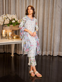 W - Blue Floral Kurta, Straight Pant & Dupatta (Set of 3)