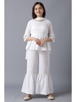 Aurelia - Girls White Schiffli Kurta with Flared Sharara and Dupatta (Set of 3)