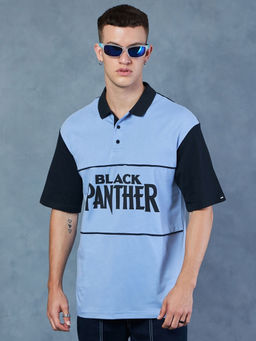 Bewakoof - Official Marvel Men's Blue Black Panther Graphic Printed Oversized Polo T-shirt
