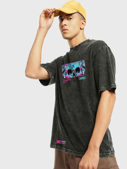 Bewakoof - Men's Black Cyber Punk Graphic Printed Oversized Acid Wash T-shirt