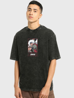 Bewakoof - Heavy Duty 1.0 Naruot Men's Black Graphic Printed Oversized Acid Wash T-shirt