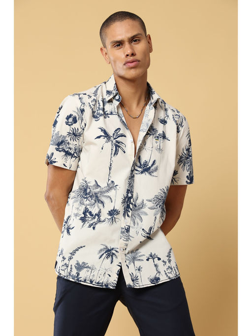 MELVIN JONES Long Island White and Blue Tree Print Woven Casual Shirt