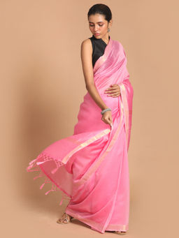 Indethnic - Banarasi Pink Solid Work Wear Saree With Unstitched Blouse
