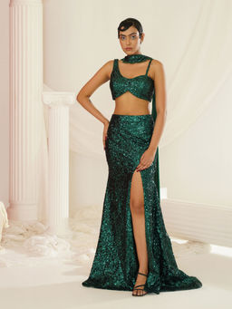 Kapda Dori - Bottle Green Embellished Blouse with Skirt and Choker Dupatta (Set of 3)