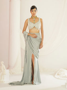Kapda Dori - Sage Green Embroidered Pre-Draped Drape Saree with Stitched Blouse