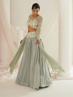 Kapda Dori - Sage Green Embroidered Lehenga with Blouse and Dupatta (Set of 3)
