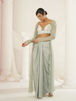 Kapda Dori - Sage Green Embellished Blouse with Skirt and Long Cape (Set of 3)