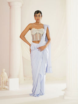 Kapda Dori - Powder Blue Embroidered Pre-Draped Drape Saree with Stitched Blouse