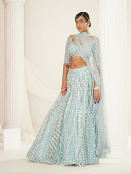 Kapda Dori - Aqua Blue Embellished Blouse with Lehenga and Dupatta (Set of 3)
