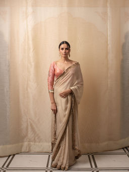 PRIYANKA RAAJIV - Cream Moti Embroidered Saree with Unstitched Blouse