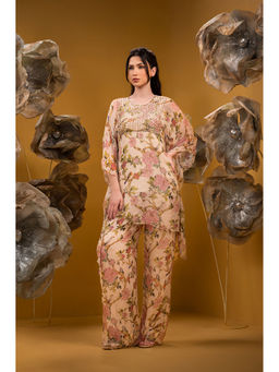 Sonia Baderia - Beige Printed Kaftan Kurta with Flared Pant (Set of 2)