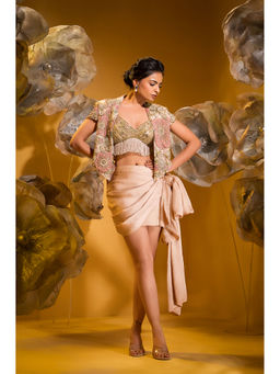Sonia Baderia - Beige Printed Embroidered Jacket with Drape Skirt and Bralette (Set of 3)