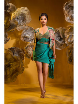 Sonia Baderia - Green Printed Embroidered Jacket with Drape Skirt and Bralette (Set of 3)
