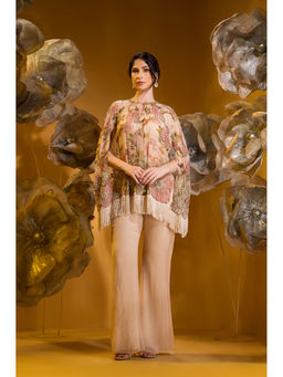 Sonia Baderia - Beige Printed Embroidered Cape with Bustier And Flared Pant (Set of 3)