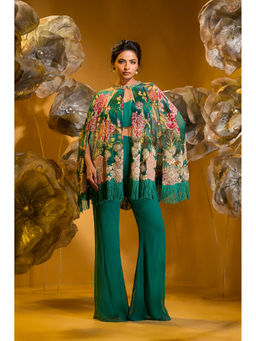 Sonia Baderia - Green Printed Embroidered Cape with Bustier And\ Flared Pant (Set of 3)