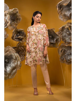 Sonia Baderia - Beige Printed A Line Kurta with Pant (Set of 2)
