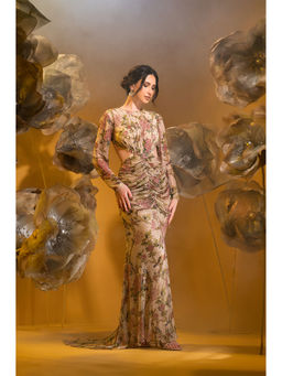 Sonia Baderia - Beige Printed Evening Gown