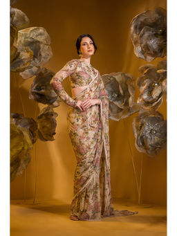 Sonia Baderia - Beige Printed Saree with Stitched Blouse