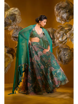 Sonia Baderia - Green Printed Lehenga with Bralette with Dupatta (Set of 3)