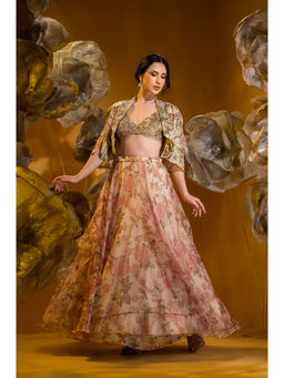 Sonia Baderia - Beige Printed Embroidered Jacket with Bralette and Skirt (Set of 3)