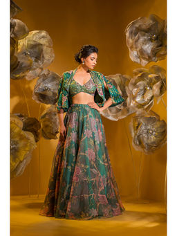 Sonia Baderia - Green Printed Embroidered Jacket with Bralette and Skirt (Set of 3)