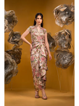 Sonia Baderia - Beige Printed Long Drape Dress