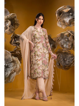 Sonia Baderia - Beige Printed Long Kurta with Pant and Dupatta (Set of 3)