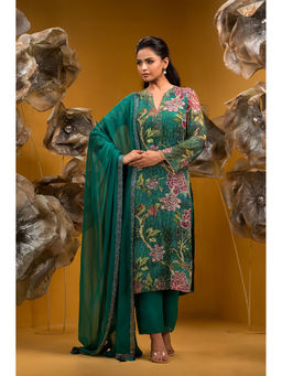 Sonia Baderia - Green Printed Long Kurta with Pant and Dupatta (Set of 3)