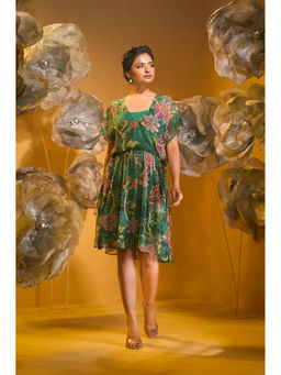 Sonia Baderia - Green Printed Boho Knee Length Dress with Inner (Set of 2)