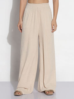 SHOWOFFFF - Women Cream Textured Loose Fit Trousers
