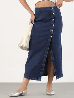 SHOWOFF - Women Solid Pencil Fit Midi Navy Blue Denim Skirt