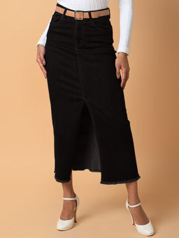 SHOWOFF - Women Solid Black Straight Madi Denim Skirt with Belt (Set of 2)