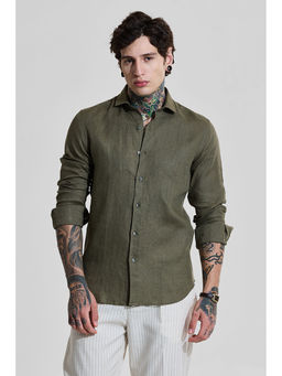 Snitch - Olive Solid Full Sleeves Slim Casual Shirt